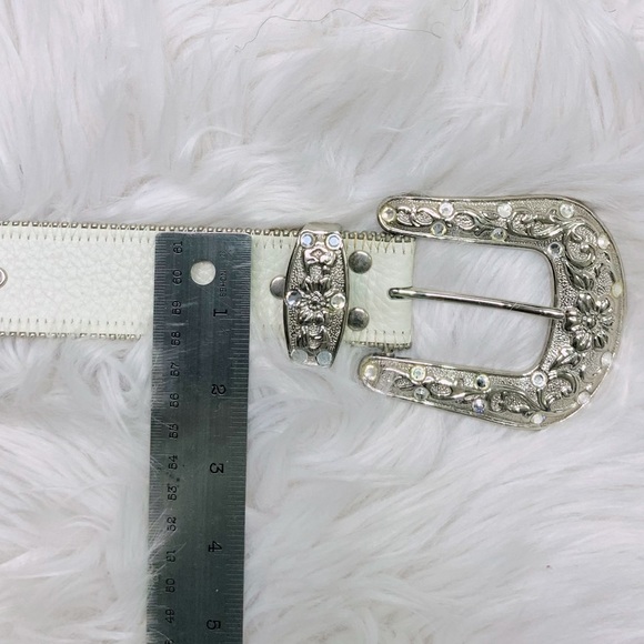 White Italian Leather Rhinestone and Silver Belt main image 6